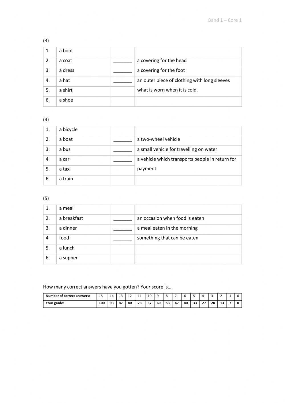 Band 1 (Core 1) - Unit 5 - Test