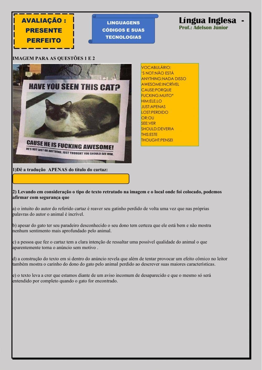 Mini teste : Presente Perfeito