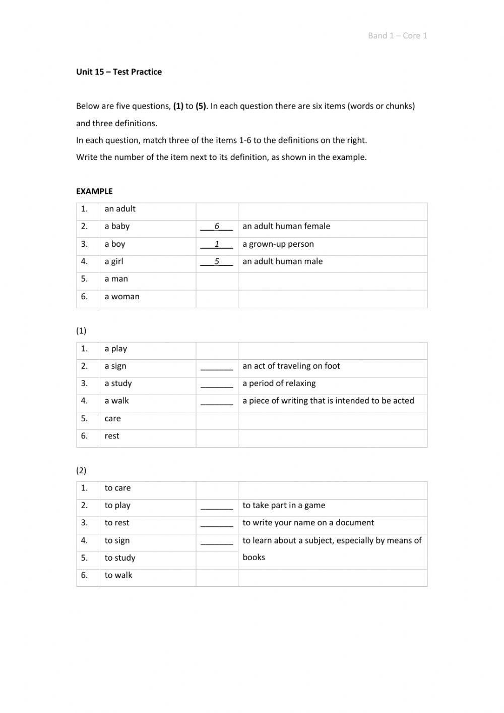 Band 1 (Core 1) - Unit 15 - Test