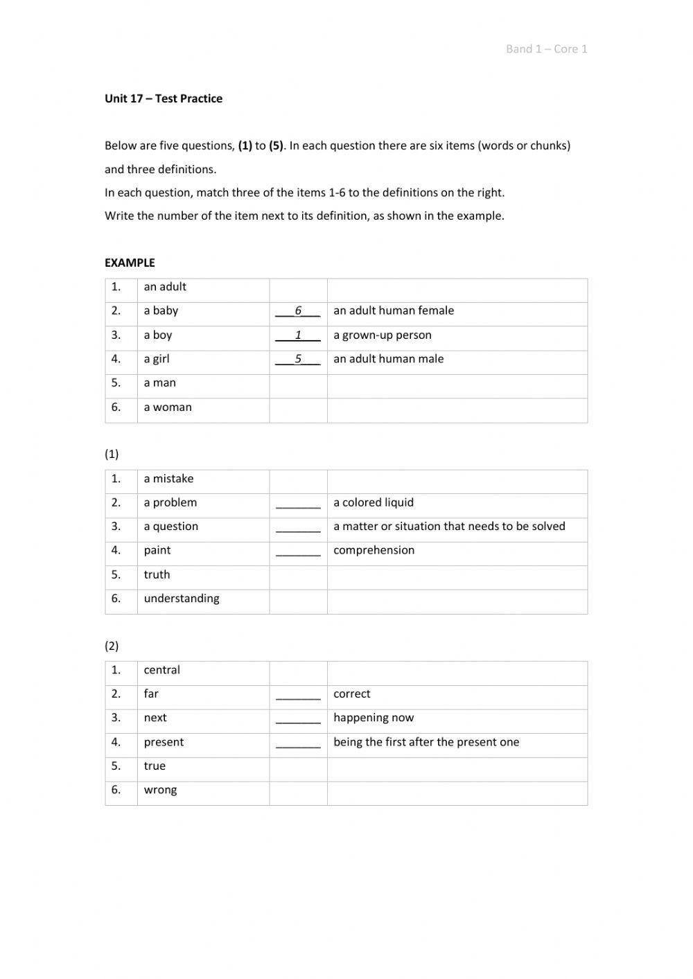 Band 1 (Core 1) - Unit 17 - Test