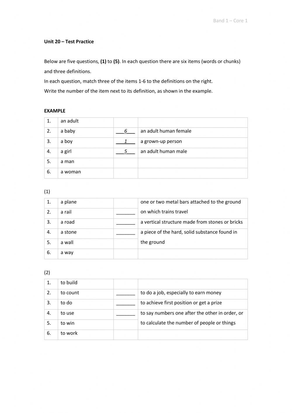 Band 1 (Core 1) - Unit 20 - Test