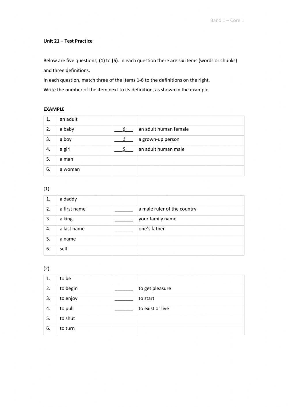 Band 1 (Core 1) - Unit 21 - Test