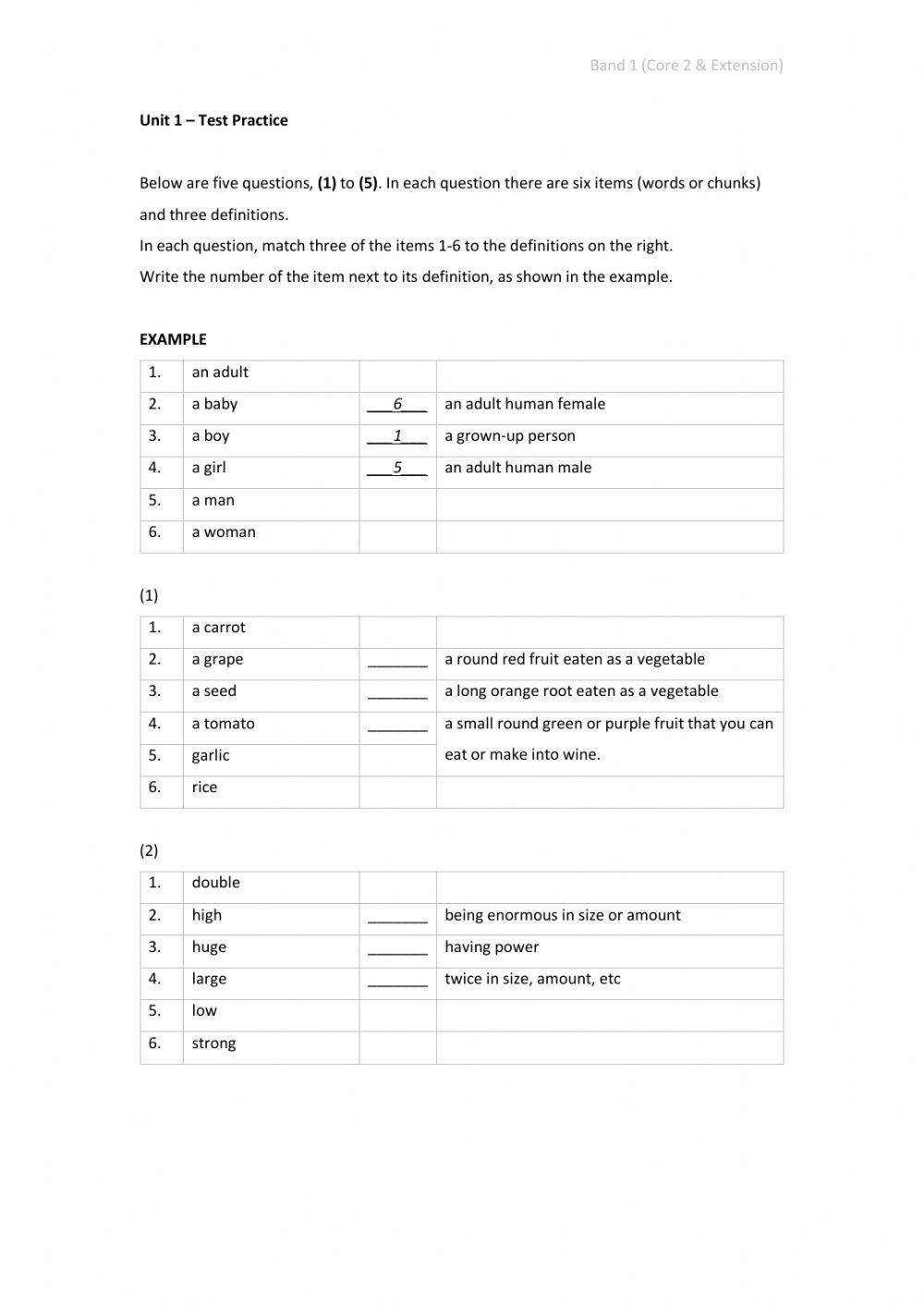 Band 1 (Core 2 & Extension) - Unit 1 - Test