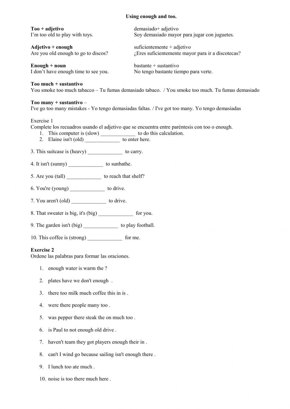 Too or Enough activity | Live Worksheets
