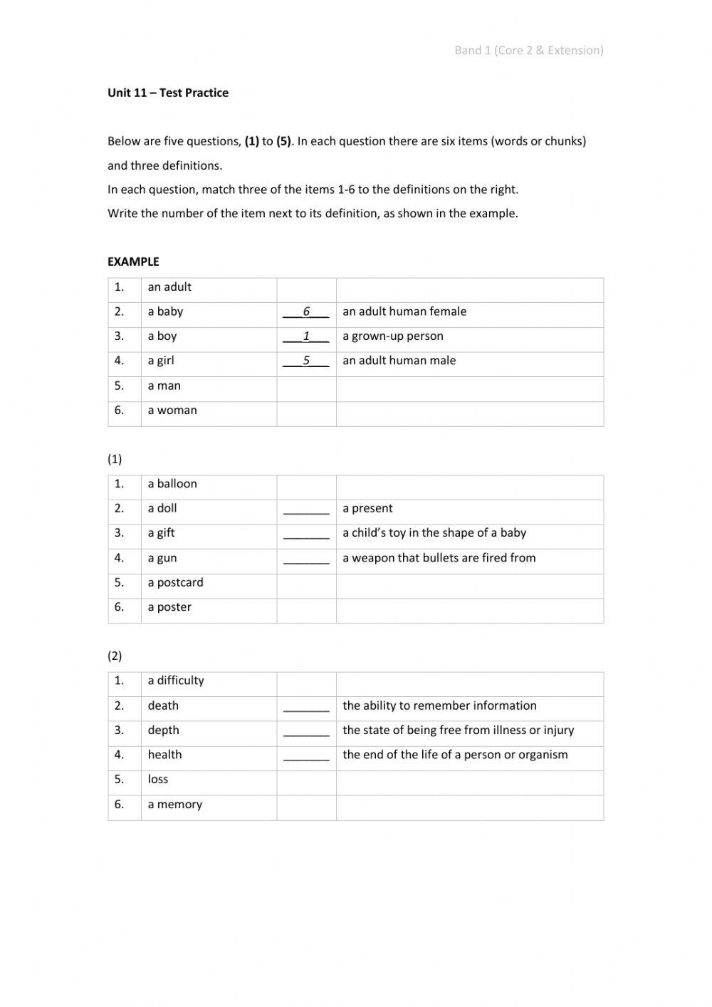 Band 1 (Core 2 & Extension) - Unit 11 - Test