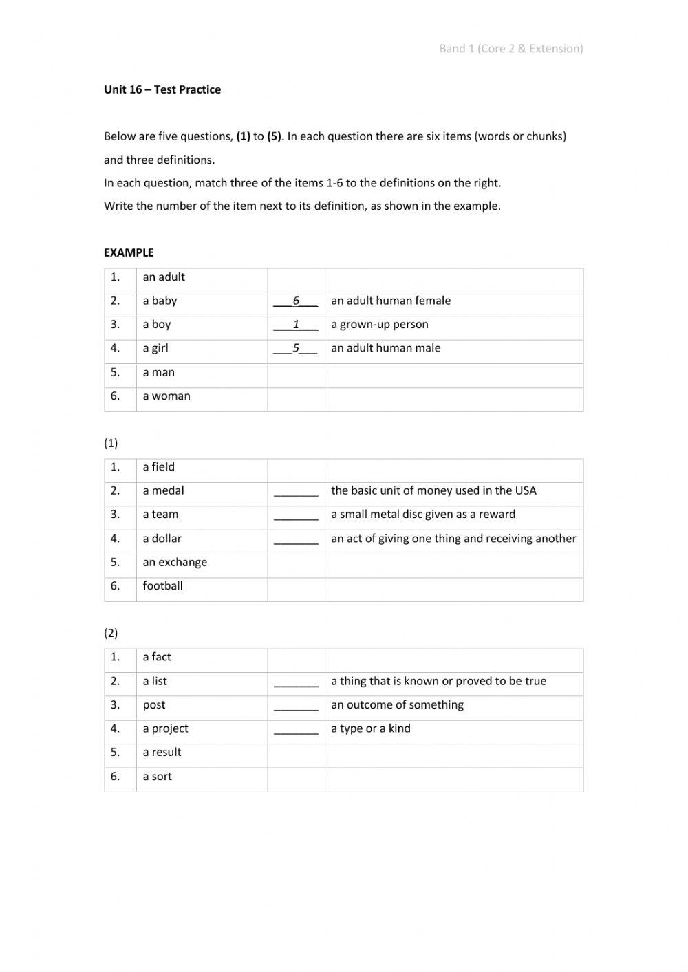Band 1 (Core 2 & Extension) - Unit 16 - Test