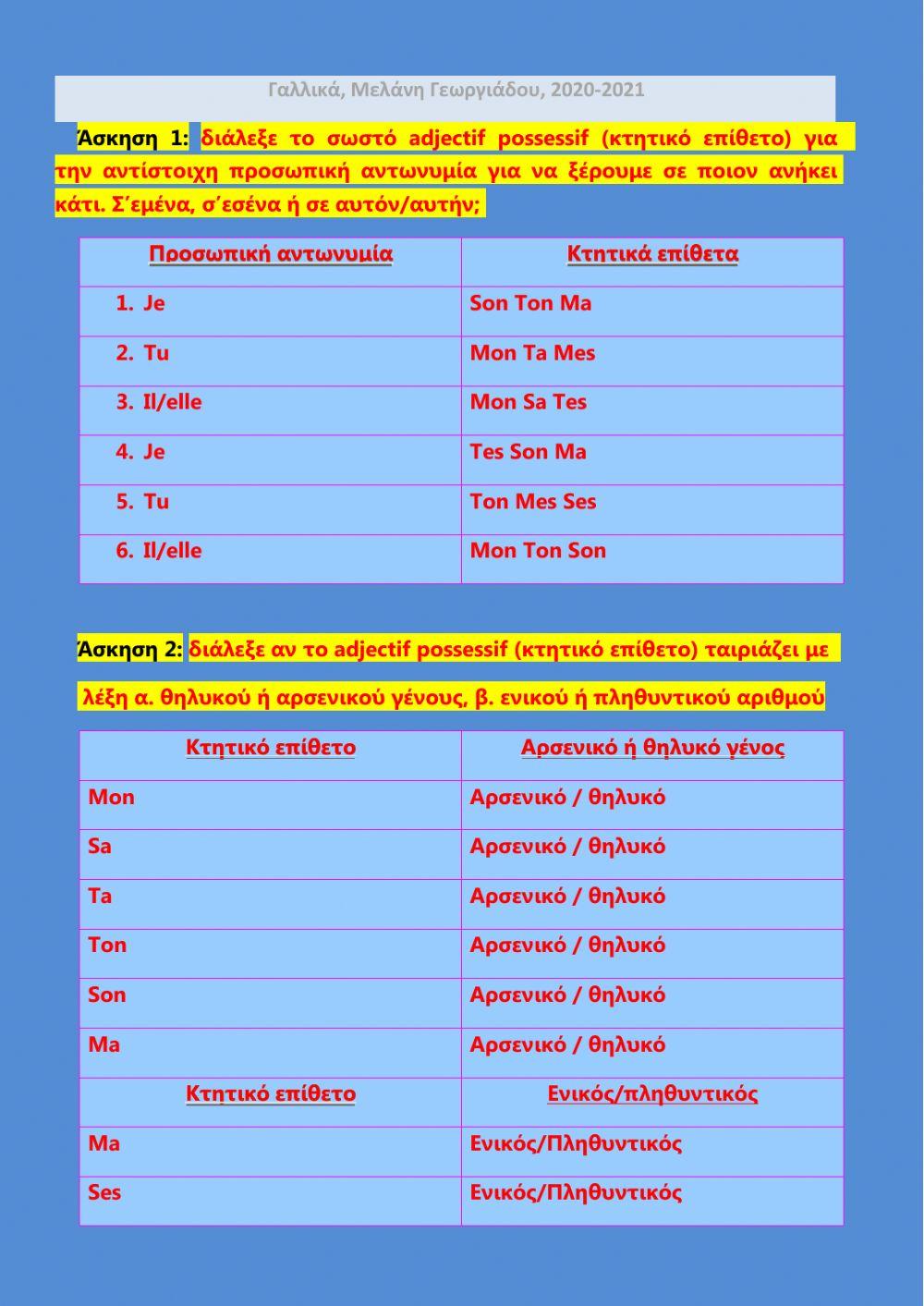 Adjectifs Possessifs du Singulier