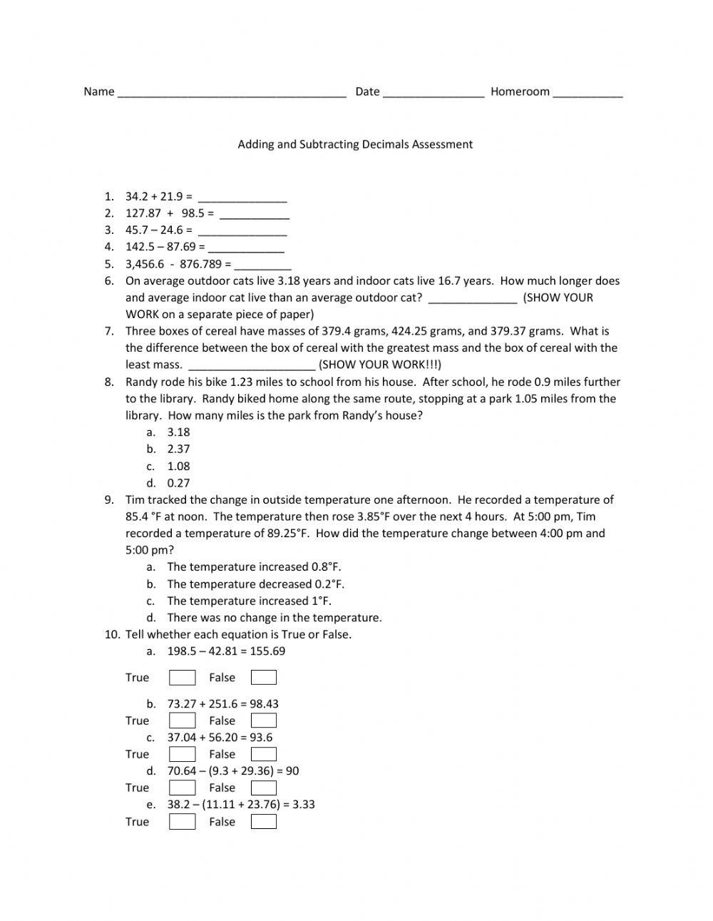 Adding and Subtracting Decimals 5 NBT 7