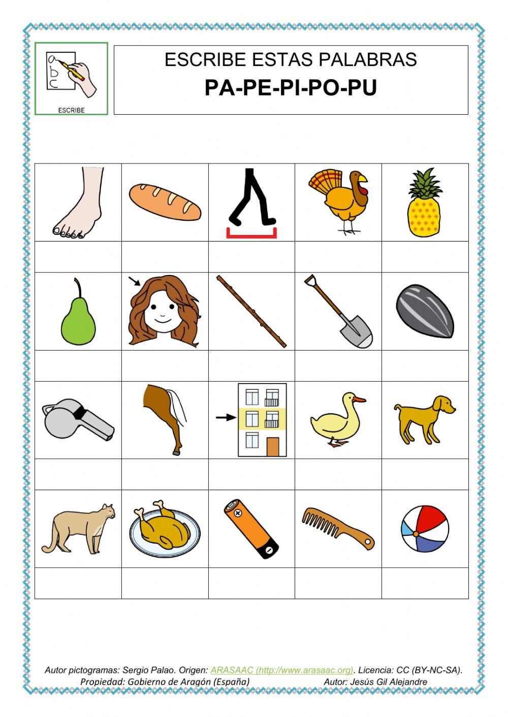 Escribe estas 20 palabras con PA PE PI PO PU