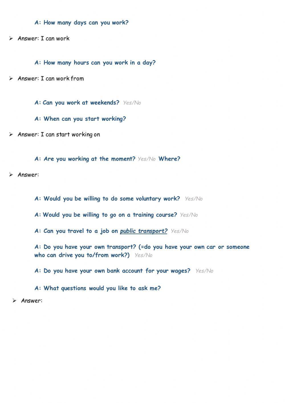 job advisor interview (role-play) question and answers writing activity