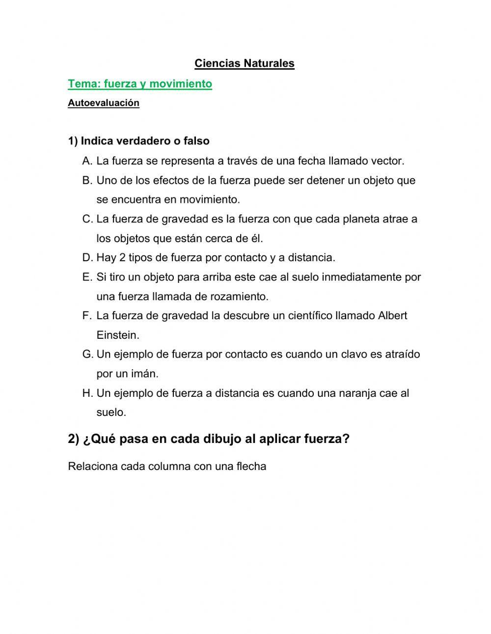 Ficha de autoevaluacion. Fuerza y Movimiento