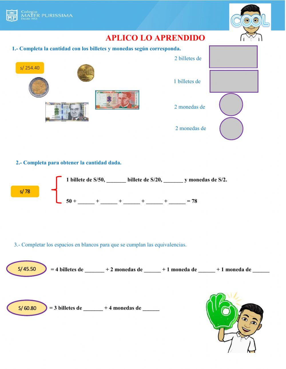 Equivalencia de billetes y monedas