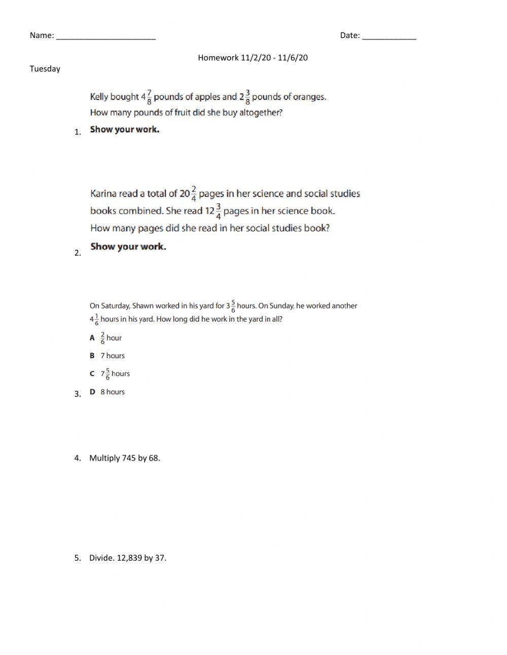 Spiral Review due 11-6