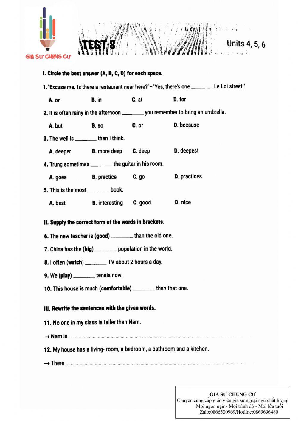 Lớp 6- kiểm tra 15 phút( test số 8)