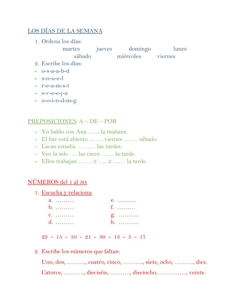 Días, prep., números