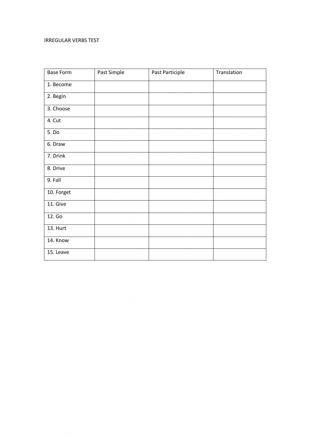 Irregular Verbs Test 1
