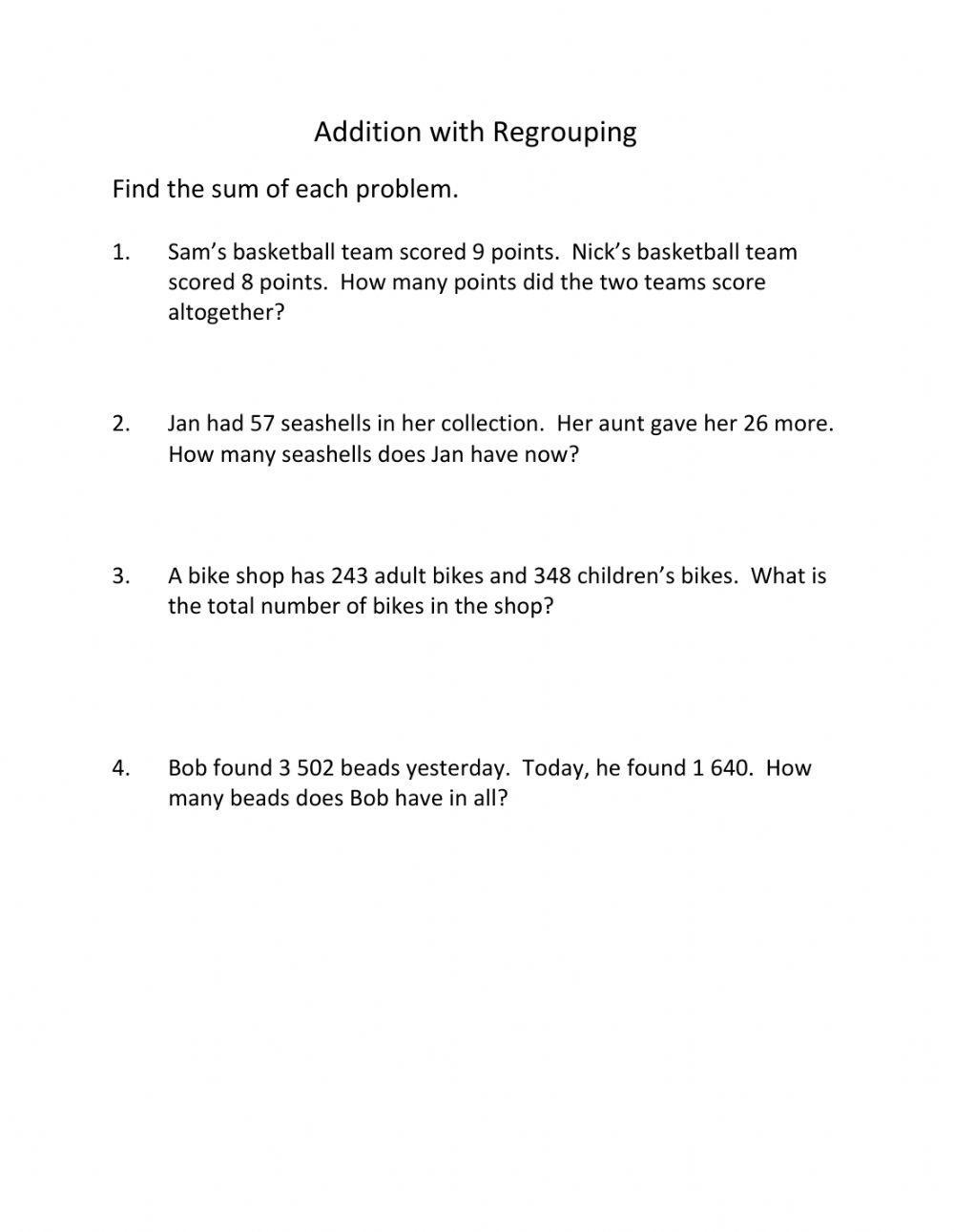 Addition with Regrouping Word Problems