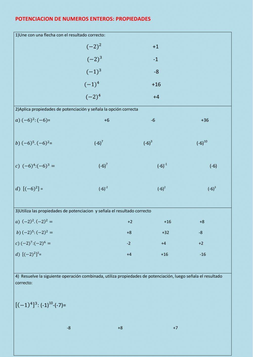 Potenciacion de numeros enteros: propiedades