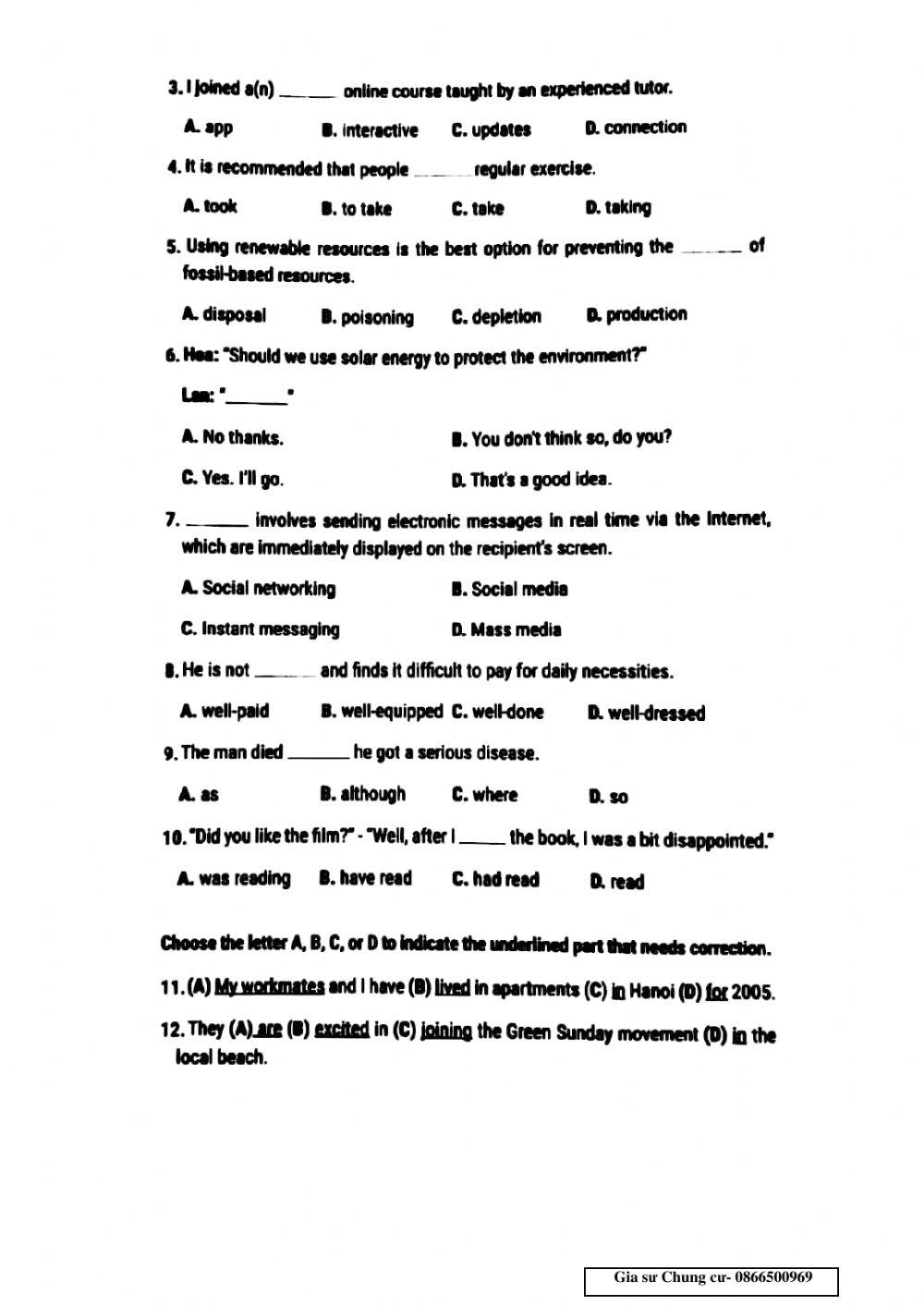 Lớp 12- cuối kỳ 1