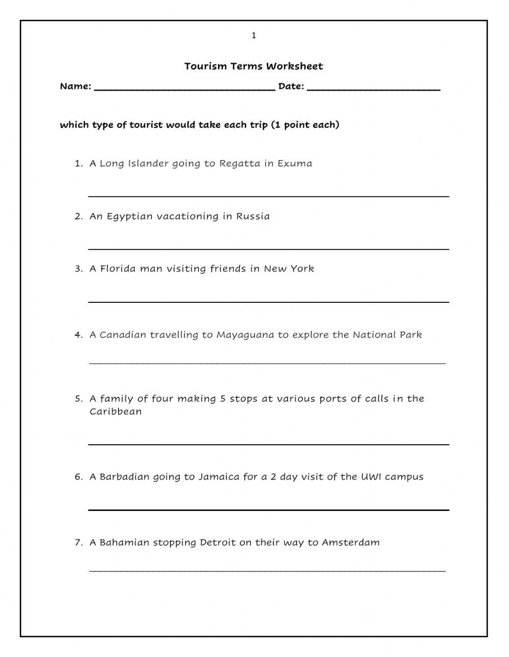 Types of Tourist worksheet
