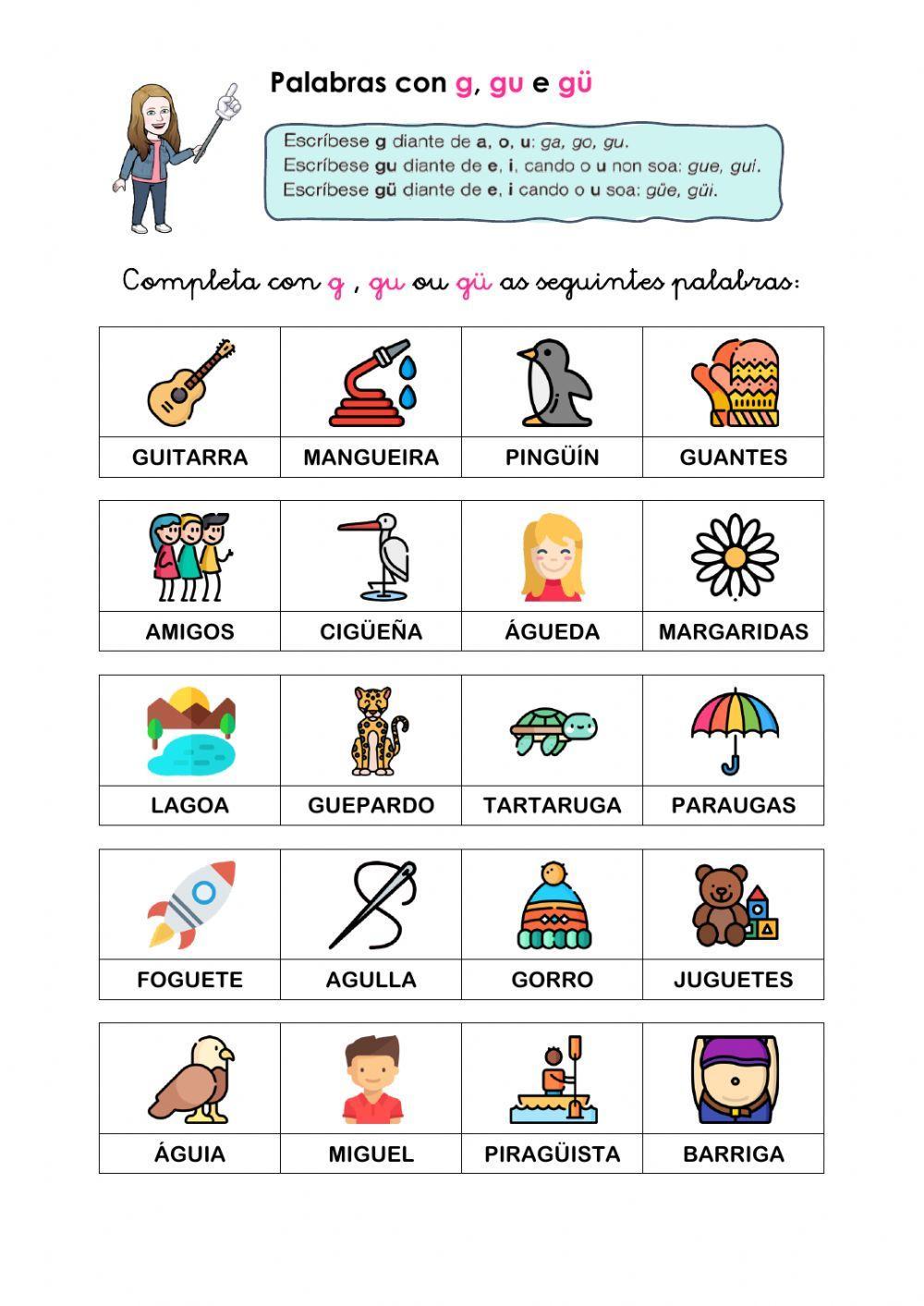 Palabras con g, gu e gü Palabras con g, gu e gü