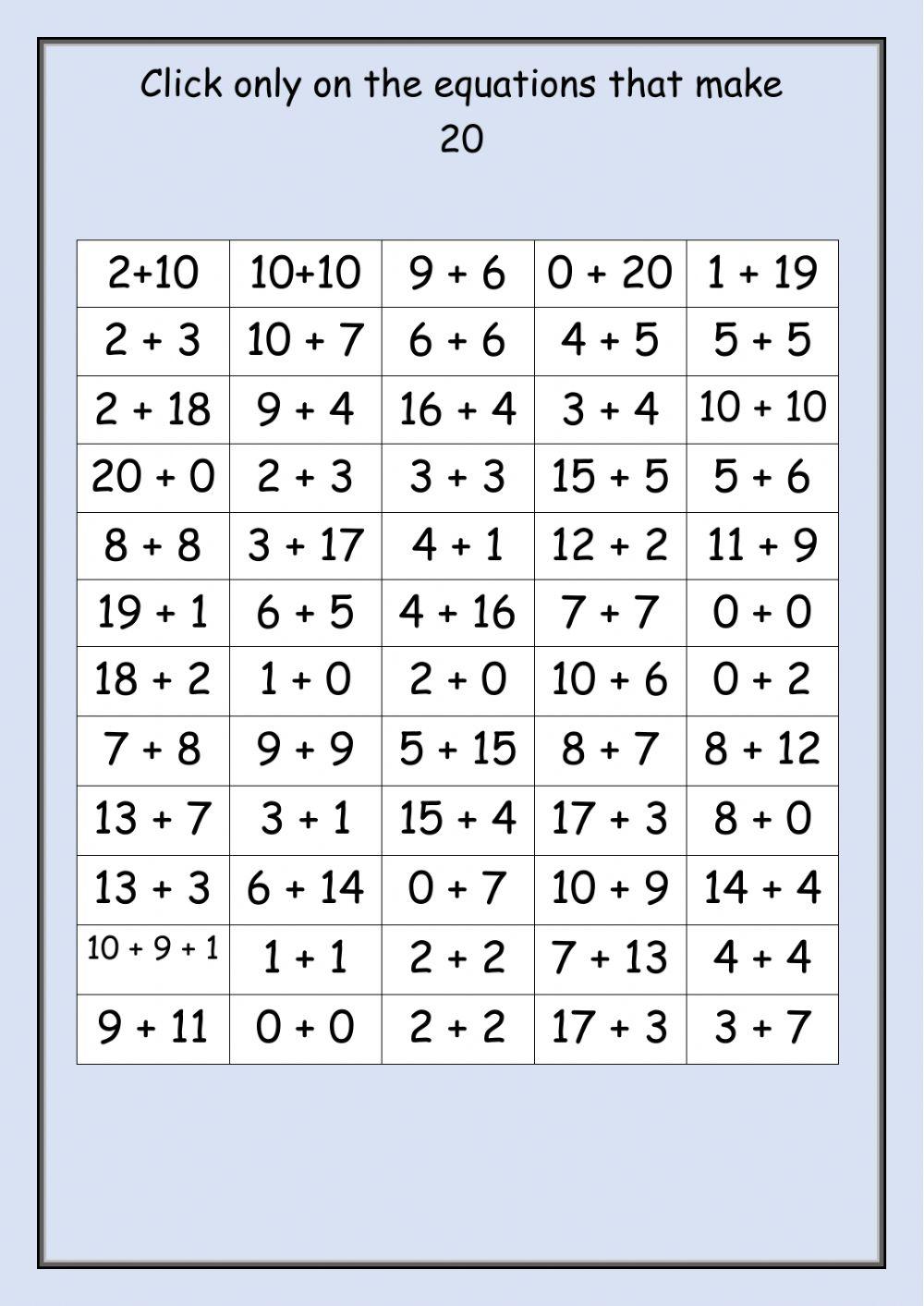 Addition Facts to 20