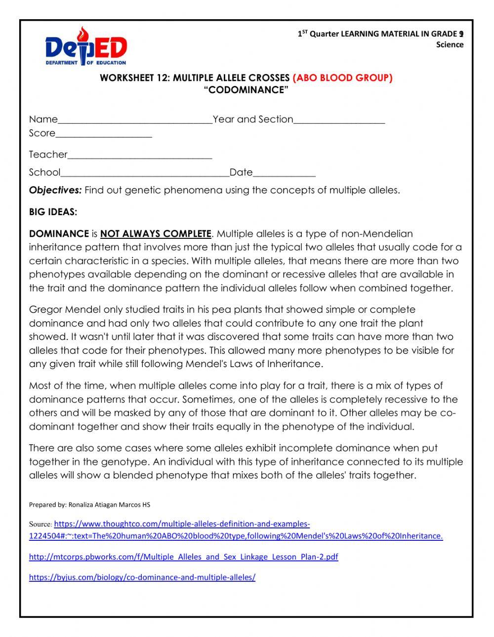 Worksheet multiple alleles
