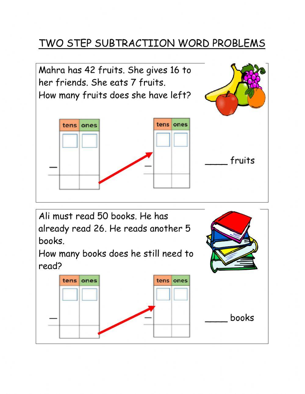 Two step subtraction word problems
