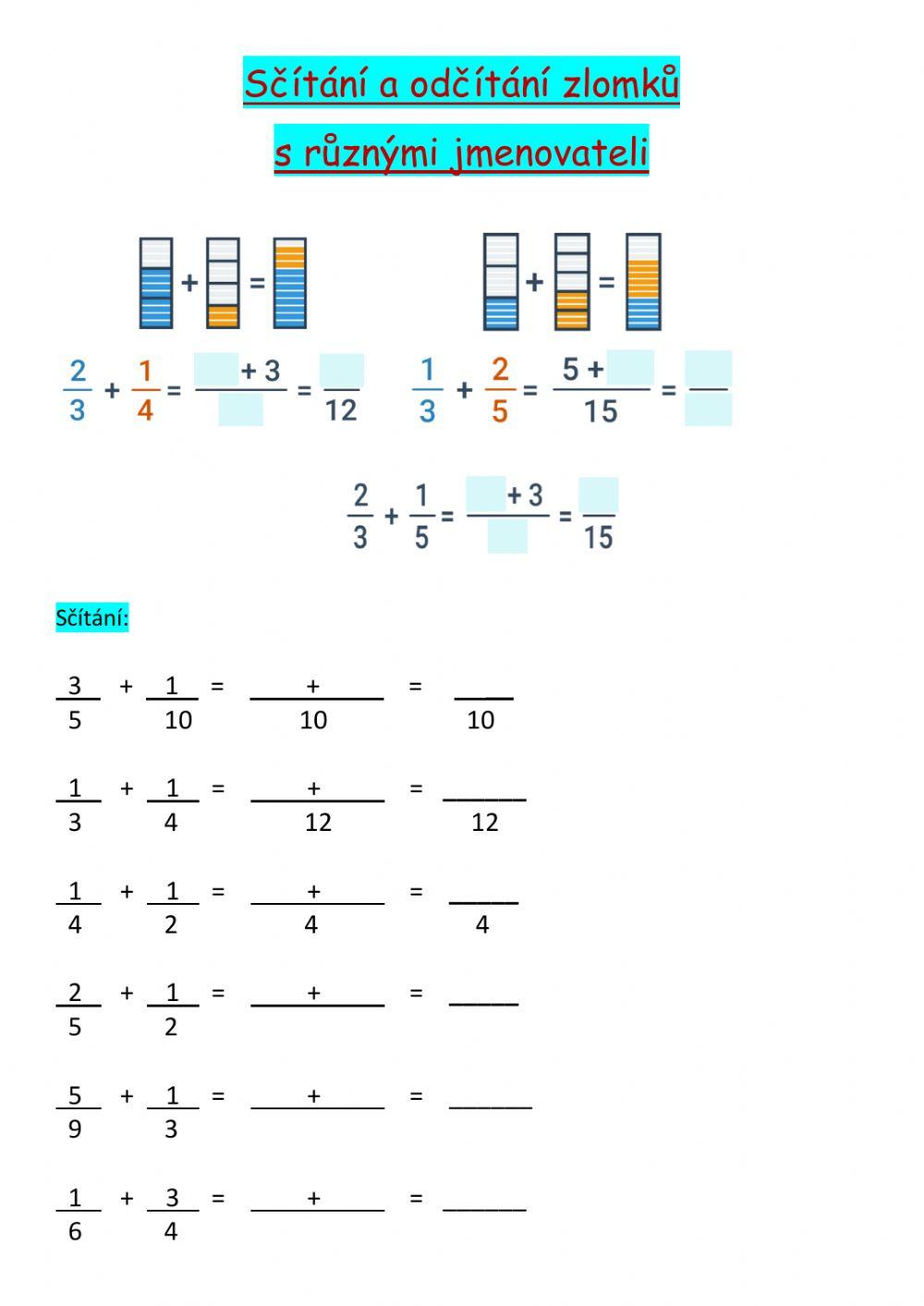 Zlomky - sčítání a odčítání