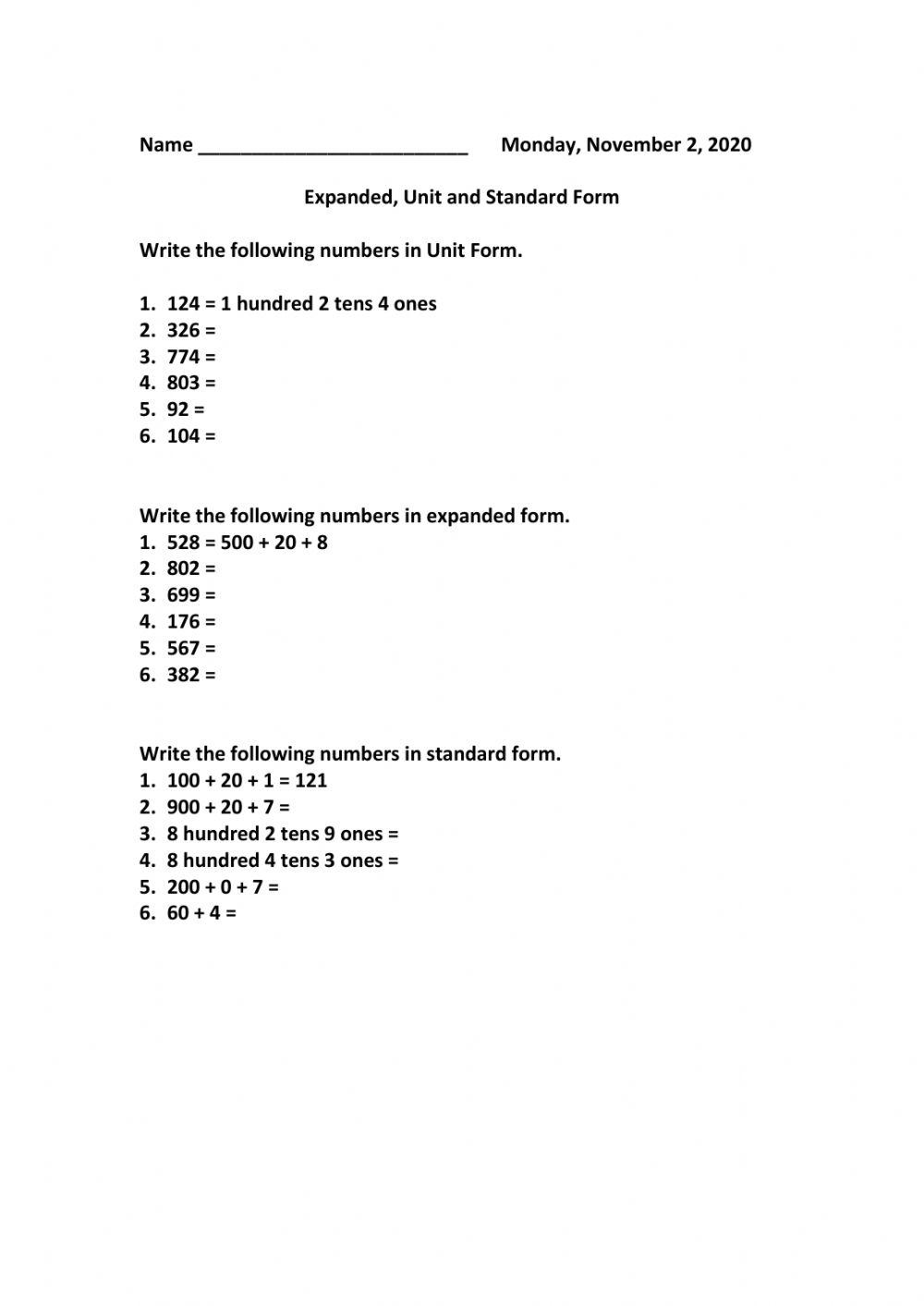 Number Forms worksheet | Live Worksheets