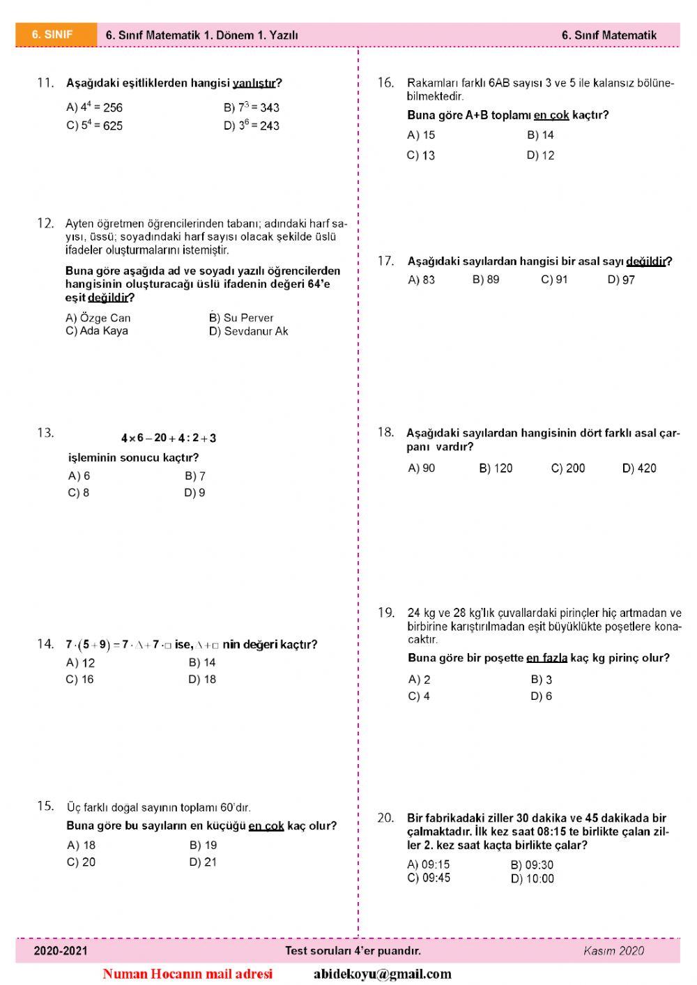6. Sınıf 1. Dönem 1. Yazılı Soruları