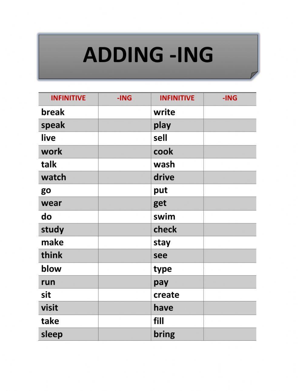 Adding -ing to the verbs