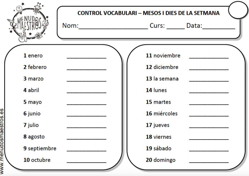 VOCABULARI VALENCIÀ-MESOS I DIES SETMANA