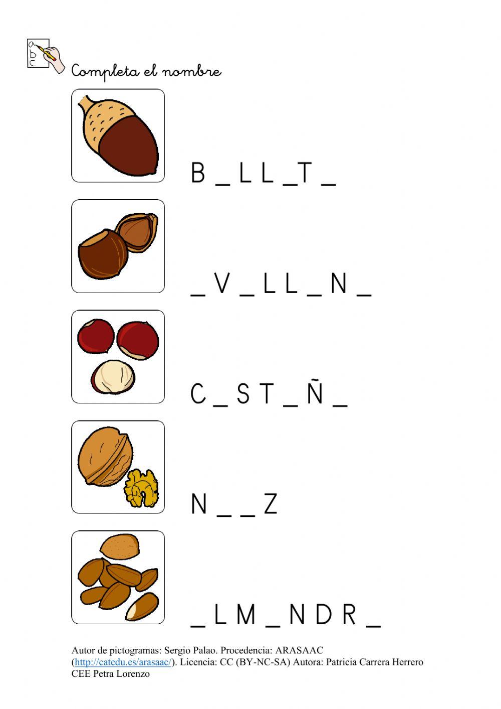 SA Otoño. Completar el nombre de los frutos secoscon las vocales