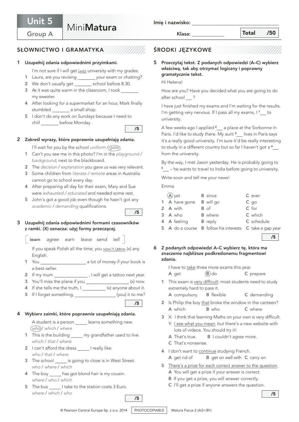 Mini Matura Unit 4 Sprawdzian 6195457 | School-FOCUS 2-mini matura | Mariusz