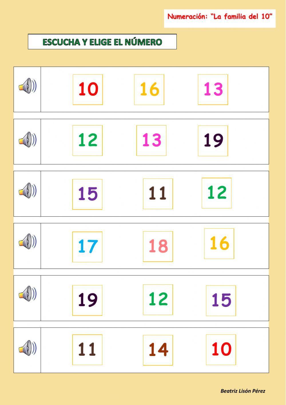 Escucha y elige el número (números del 10 al 19)