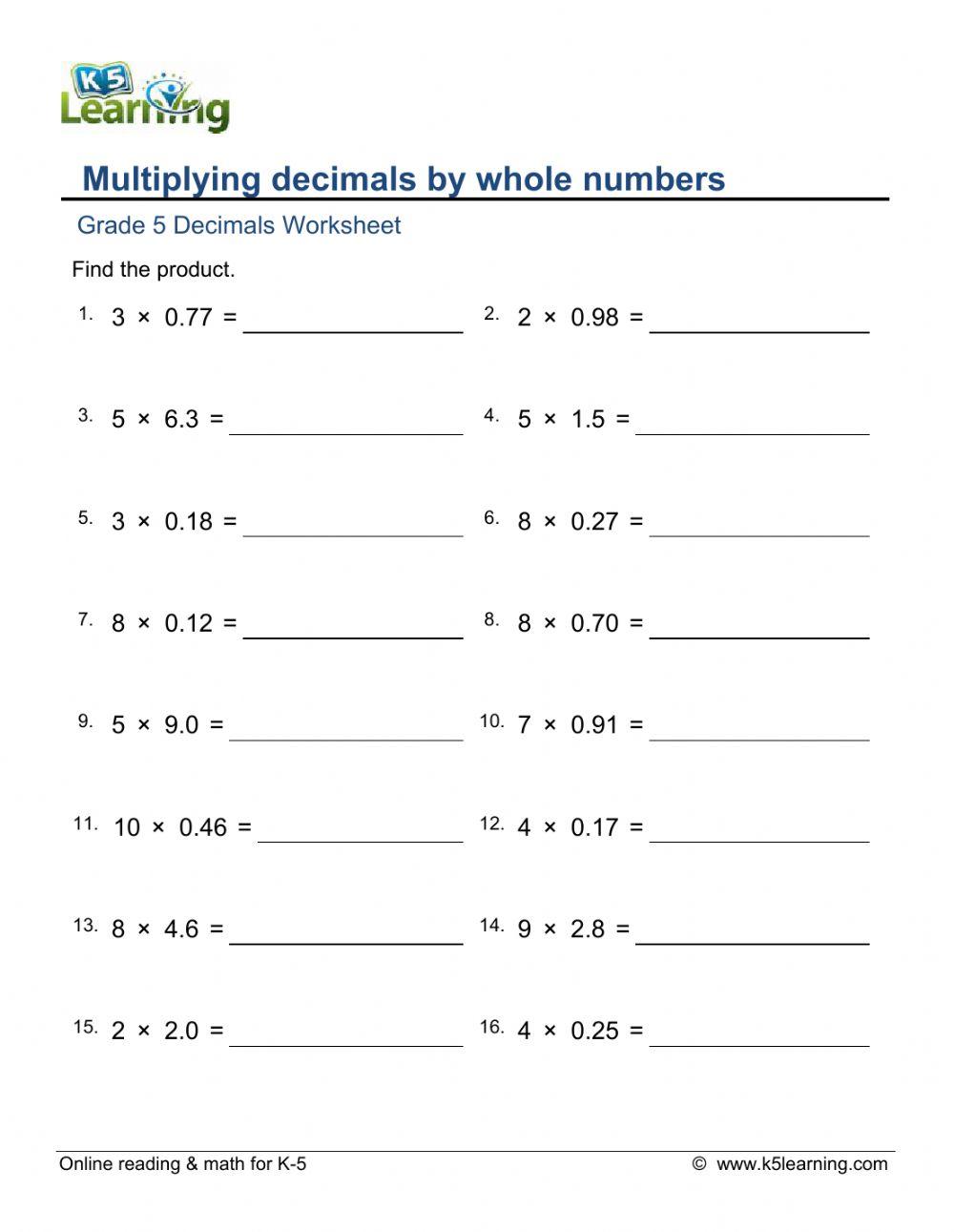 Multiplying Decimals by Whole Numbers online exercise for Live Worksheets