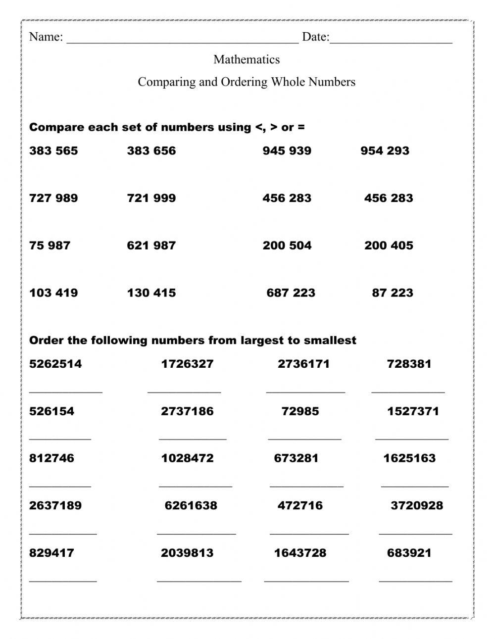 Comparing and Ordering Whole Numbers Worksheet