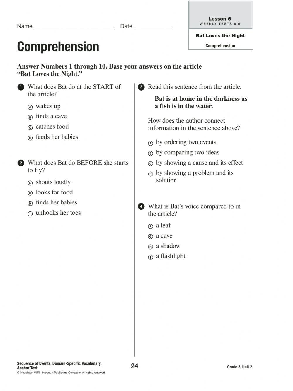 Bat Loves the Night Comprehension Worksheet online exercise for | Live ...