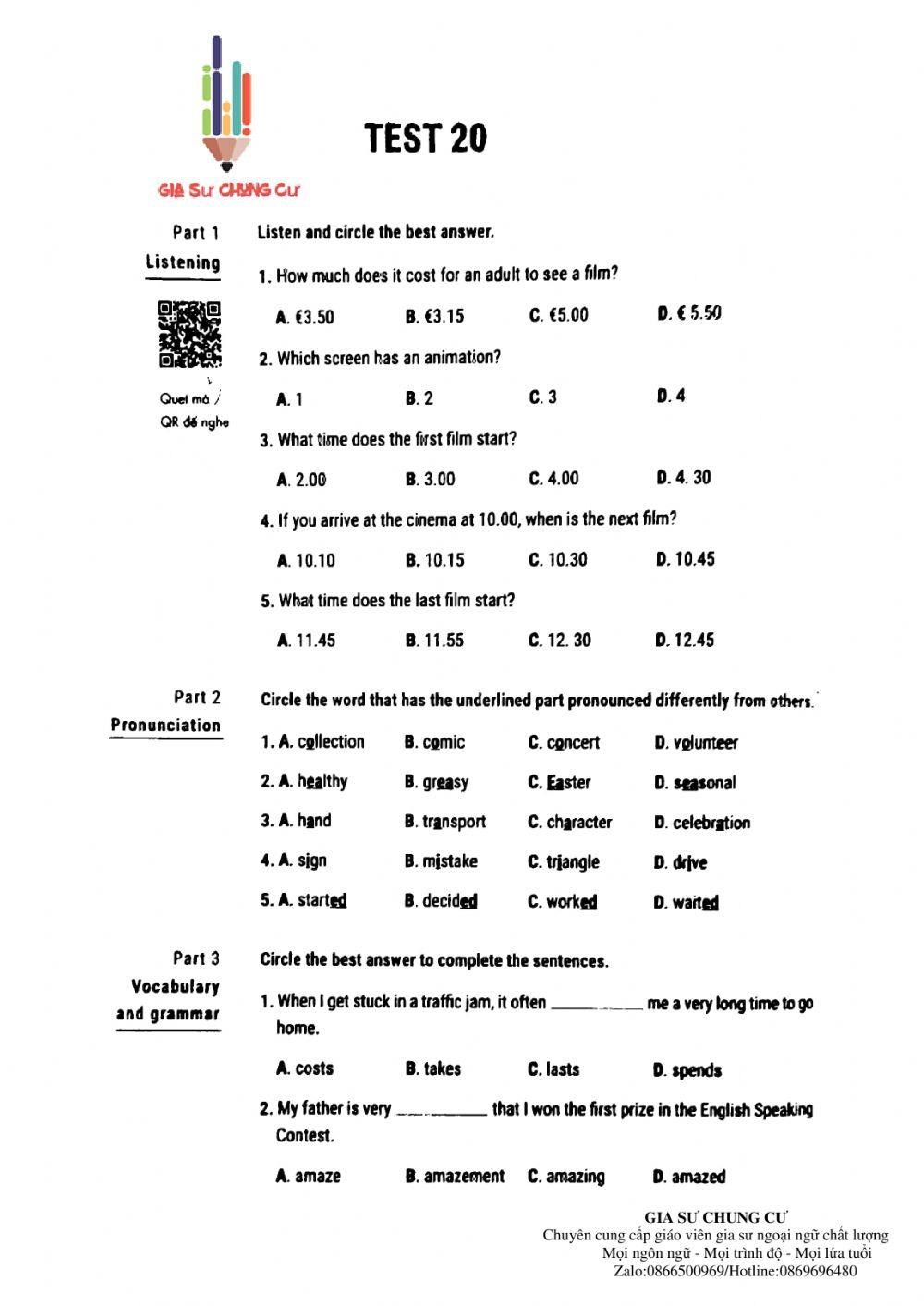 Lớp 7 Kiểm tra 45 phút ( test 20 luyện giải)