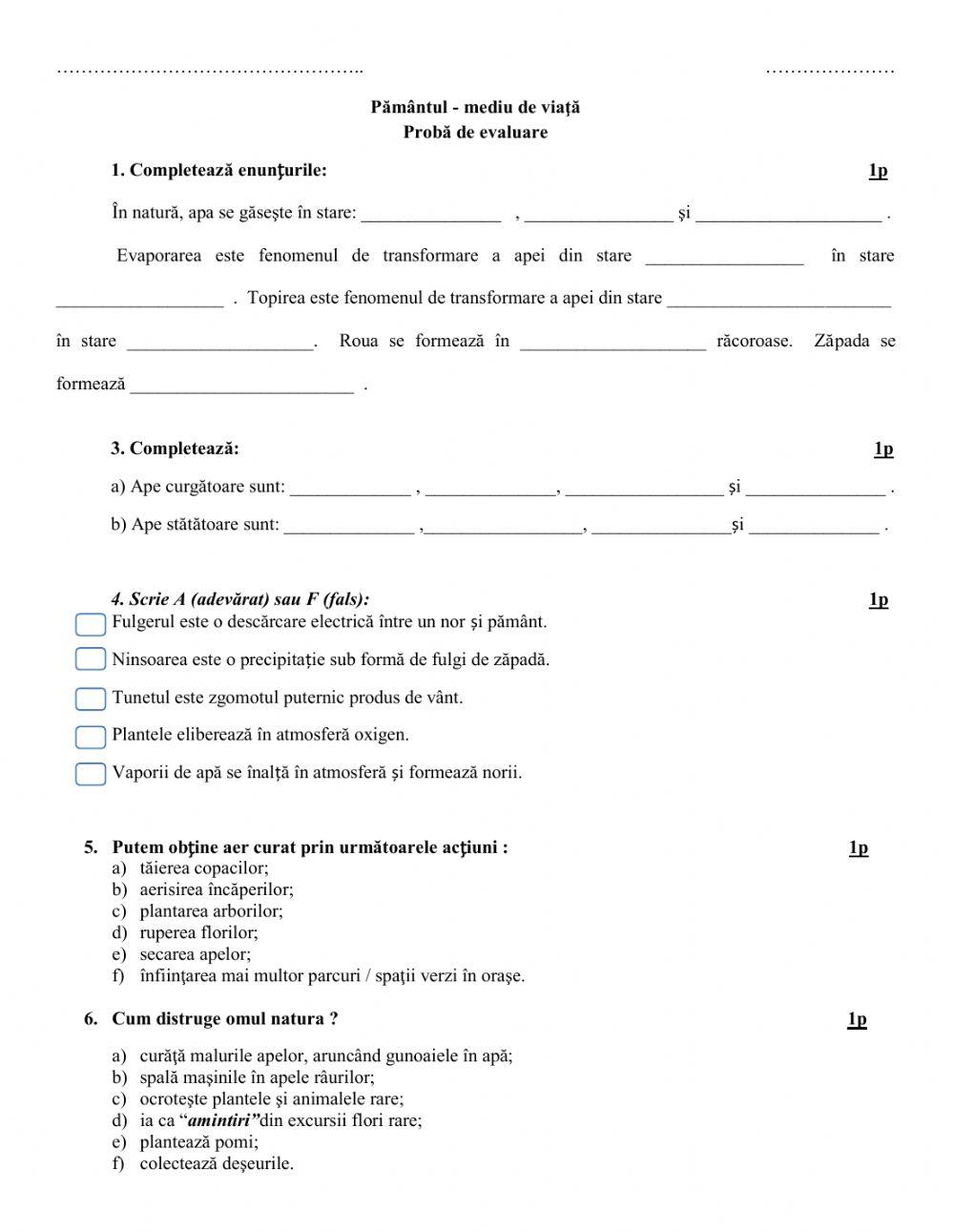 Evaluare-Pamantul -mediu de viata
