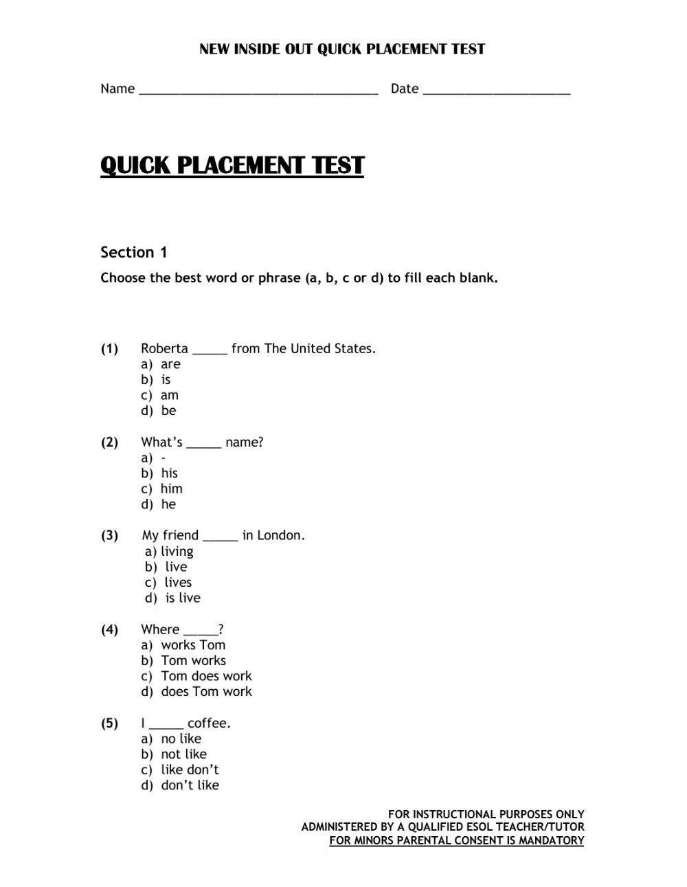 Inside Out Placement Test A1-C1