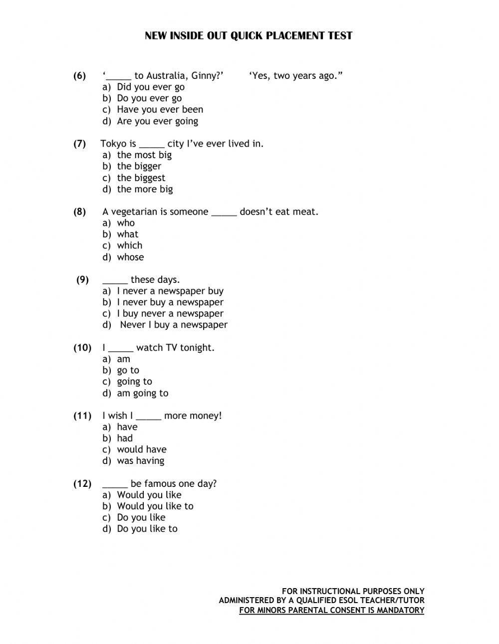 Inside Out Placement Test A1-C1