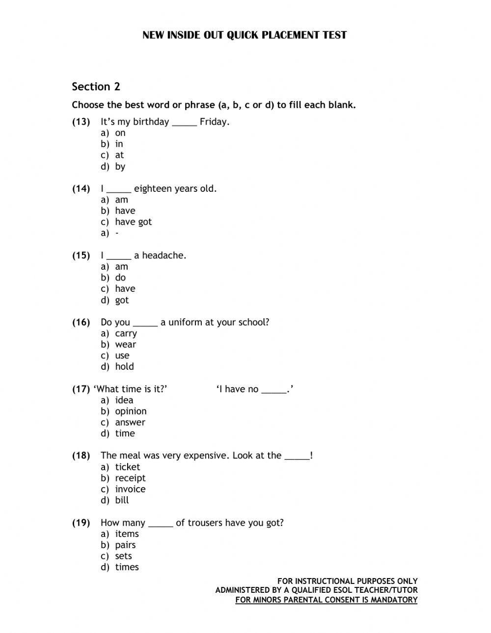 Inside Out Placement Test A1-C1