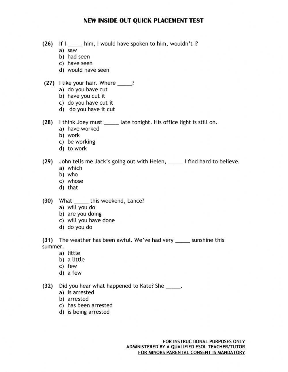 Inside Out Placement Test A1-C1
