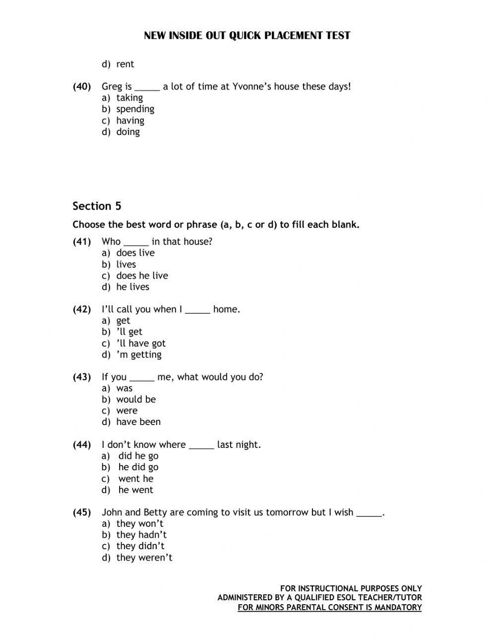 Inside Out Placement Test A1-C1