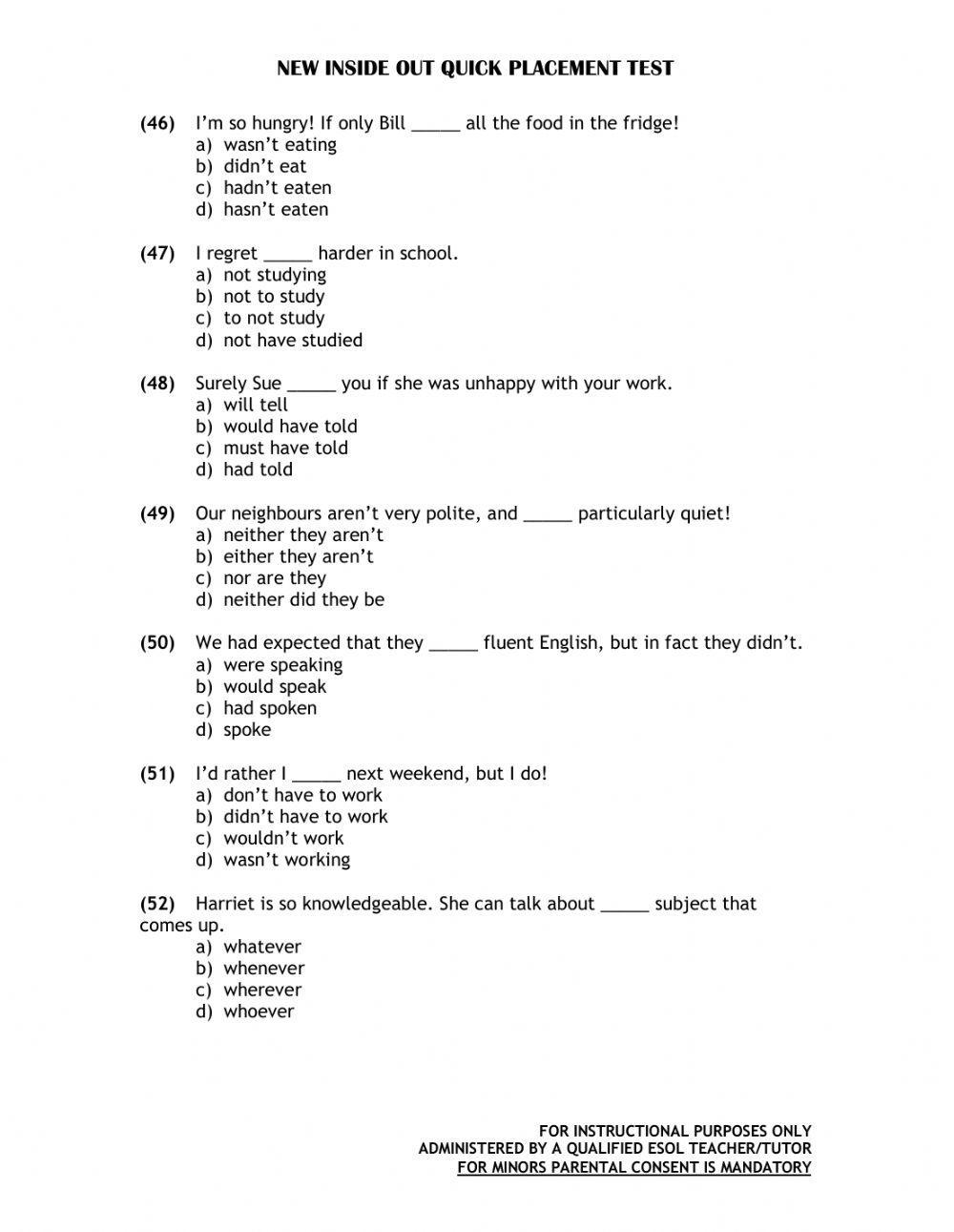 Inside Out Placement Test A1-C1