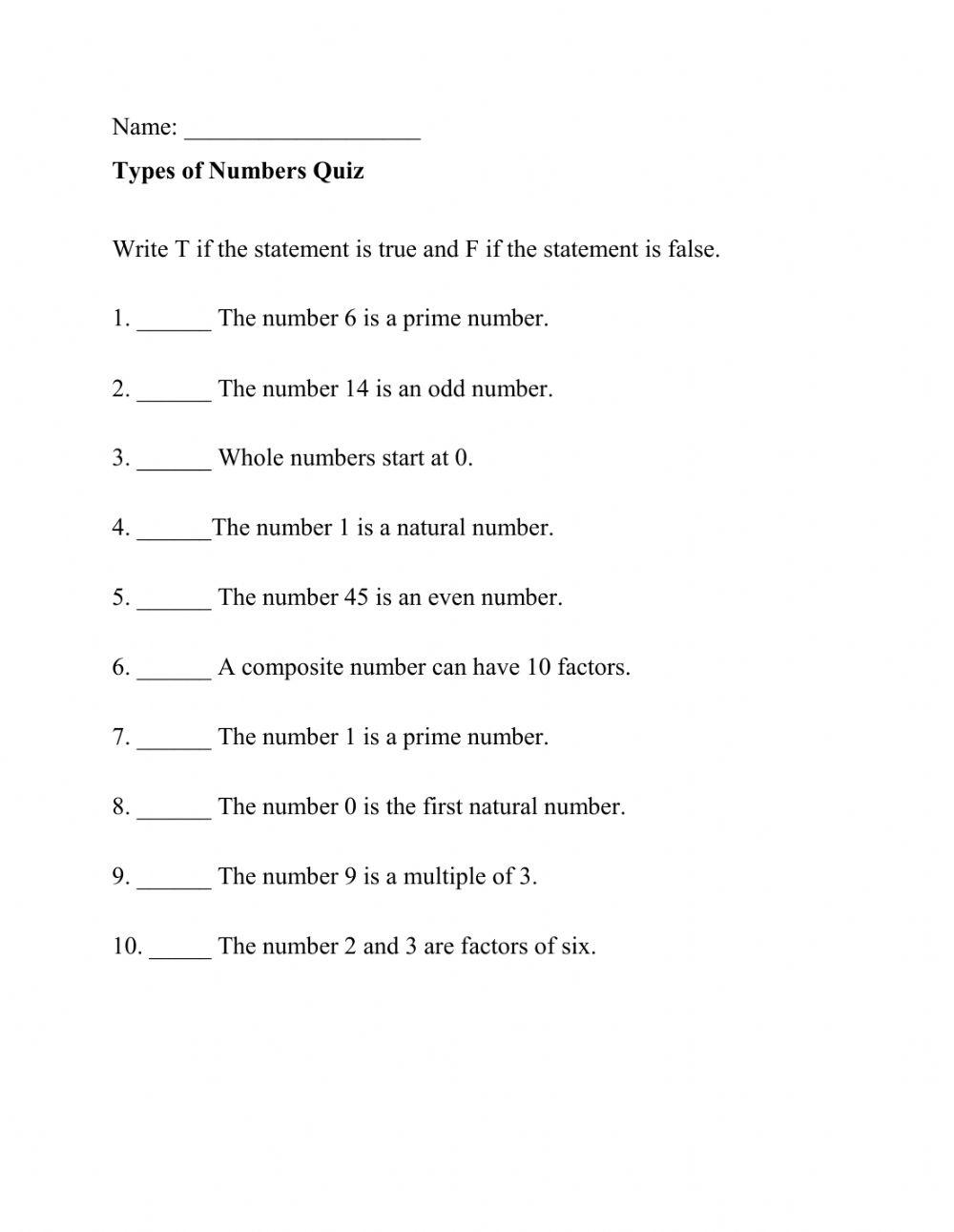 Types of numbers quiz