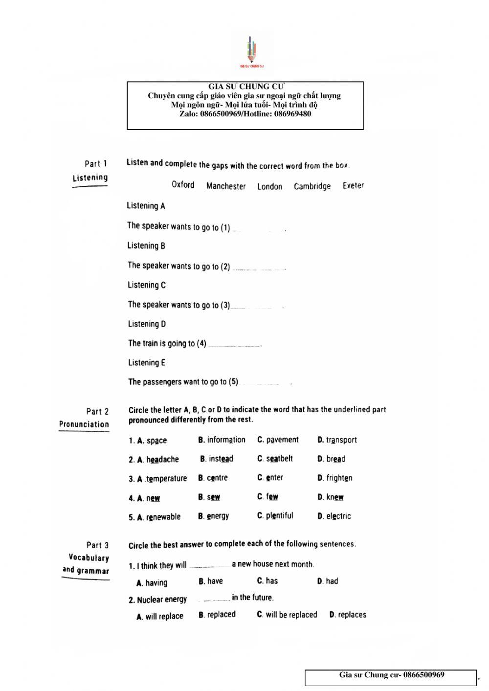 Lớp 7- Kiểm tra 45 phút Unit 10,11