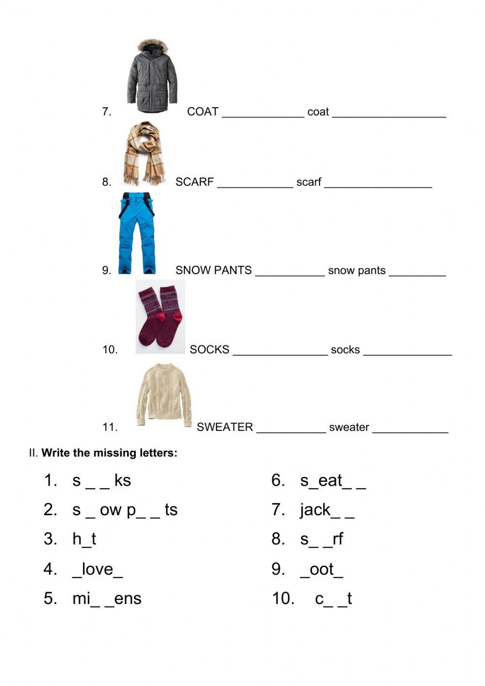 Winter clothes spelling practice